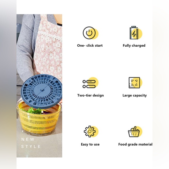 Electric Salad Spinner.  USB & reusable Salad dressing bottle included (Blue) - Picture 5 of 12